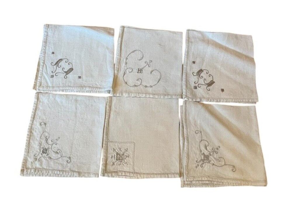 Set of 6 napkins Vintage with Different embroidery On Most Beige & Tan